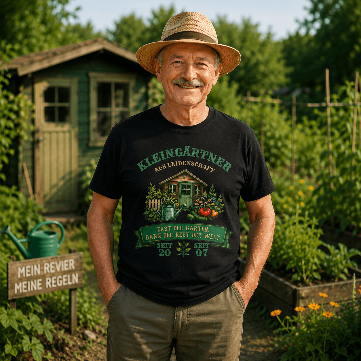 Ein älterer, lächelnder Mann mit Strohhut steht in einem idyllischen Garten. Er trägt ein schwarzes T-Shirt mit einem Gartenhaus-Motiv und dem Aufdruck "KLEINGÄRTNER". Im Hintergrund ist ein grünes Gartenhäuschen zwischen Pflanzen zu sehen.