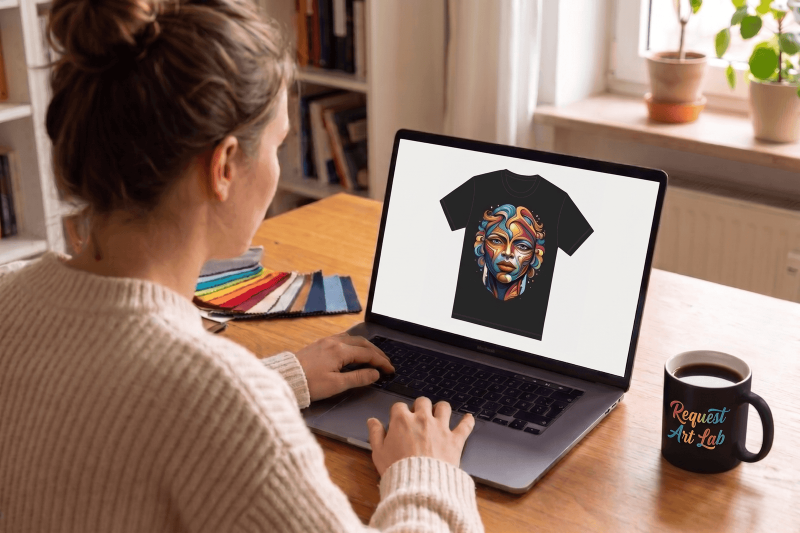 Eine Rückansicht einer Frau, die an einem Holztisch an einem Laptop arbeitet, dessen Bildschirm ein Design für ein schwarzes T-Shirt mit einem farbenfrohen Frauenporträt zeigt. Auf dem Tisch liegen Stoffproben und eine Kaffeetasse mit der Aufschrift 'Request Art Lab'. Im Hintergrund ist ein Bücherregal und Pflanzen.