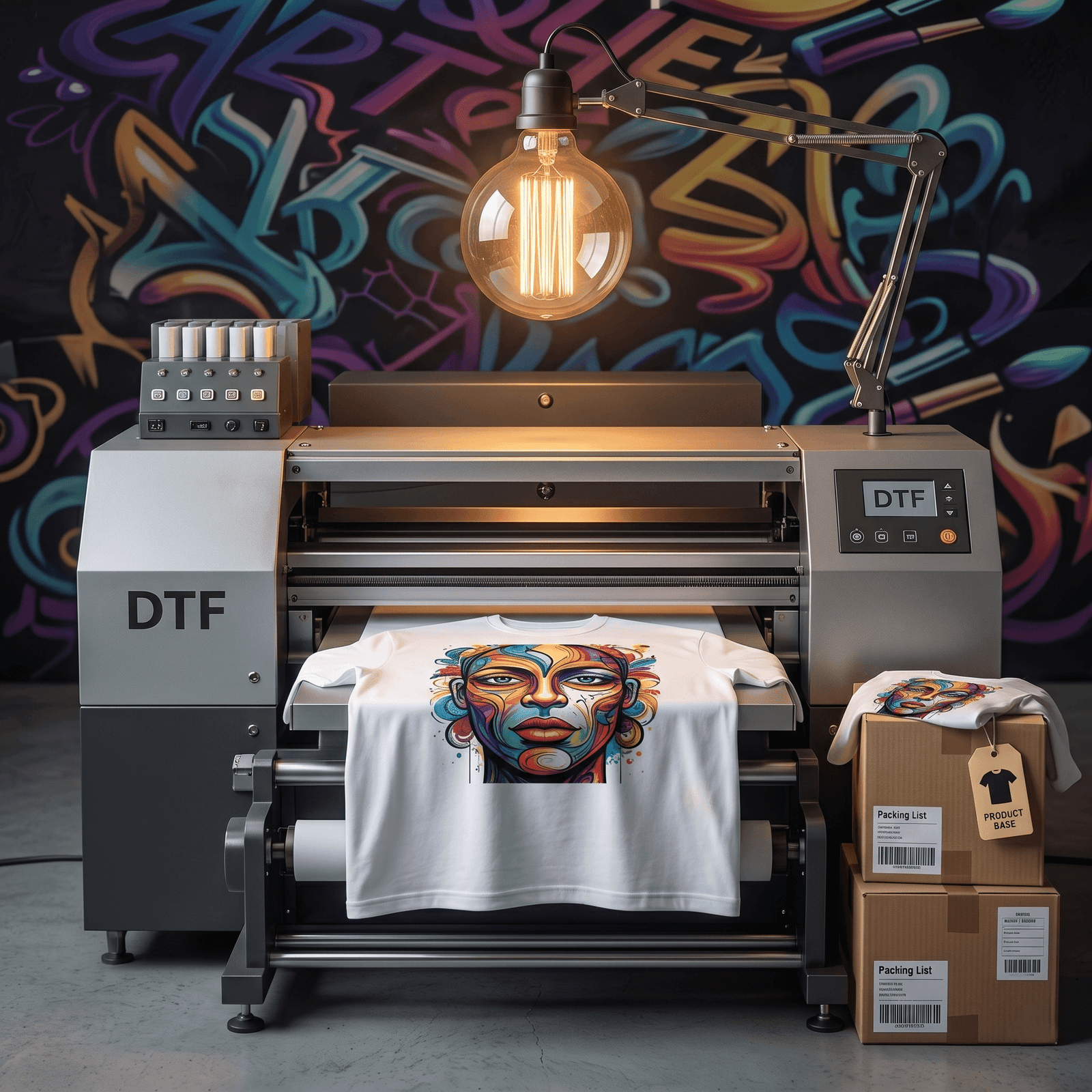 Ein großer industrieller DTF-Drucker druckt ein buntes, abstraktes Gesichtsmotiv auf ein weißes T-Shirt. Eine freiliegende Glühbirne in einer schwarzen Gelenklampe beleuchtet den Druckbereich der Maschine. Rechts neben dem Drucker stehen zwei aufeinander gestapelte Versandkartons, die mit Packlisten und Barcodes versehen sind. Auf dem oberen Karton liegt ein zusammengefaltetes T-Shirt mit demselben Motiv und einem Etikett mit der Aufschrift „PRODUCT BASE“. Der Hintergrund besteht aus einer Wand, die großflächig mit lebhaften, bunten Graffiti bemalt ist.