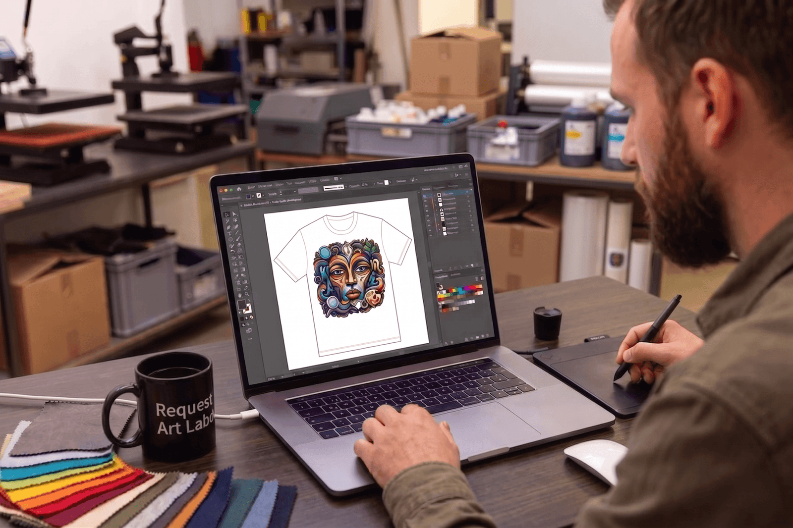 Ein bärtiger Mann arbeitet in einem Atelier an einem Laptop und zeichnet mit einem Stift auf einem Grafiktablett. Auf dem Bildschirm ist ein Grafikprogramm geöffnet, das ein Design für ein weißes T-Shirt mit einem bunten, abstrakten Gesicht zeigt. Neben dem Laptop liegen auf dem Schreibtisch farbige Stoffproben und eine schwarze Tasse mit der Aufschrift „Request Art Lab“. Im unscharfen Hintergrund sind Regale, Kartons und Maschinen einer Druckwerkstatt zu erkennen.