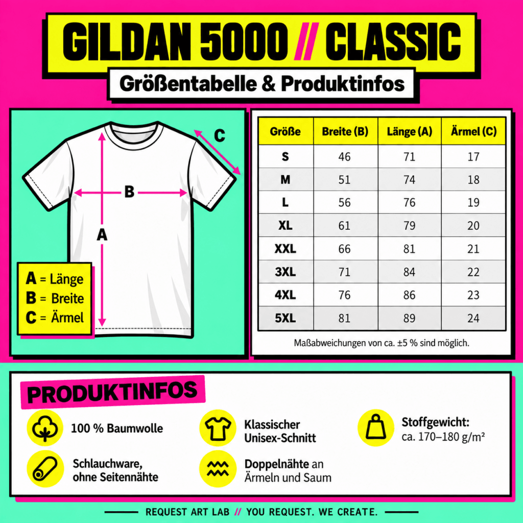 Größentabelle und Produktinfos für das Gildan 5000 Classic T-Shirt mit Maßen für Größen S bis 5XL und Materialangaben