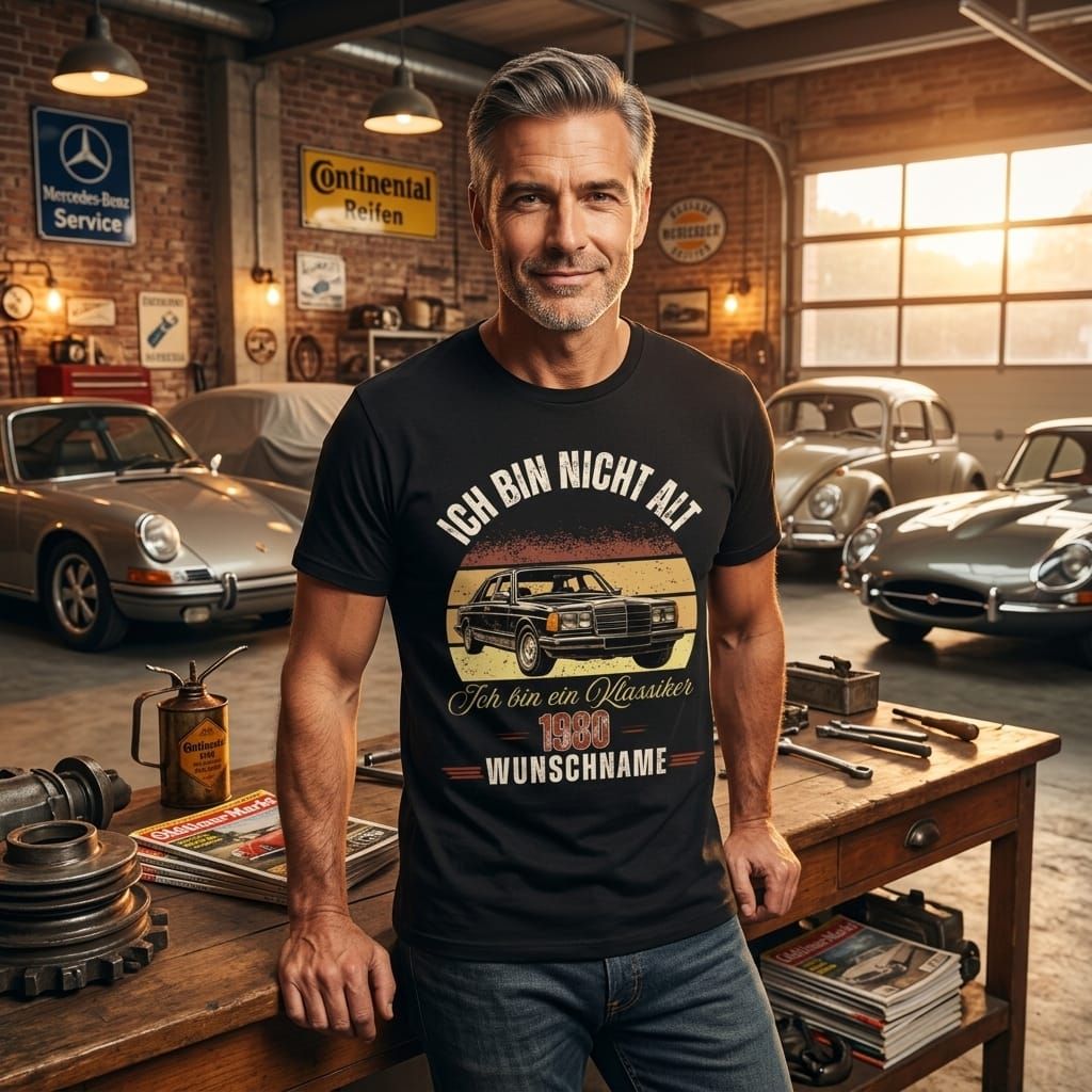 Mann in Werkstatt trägt T-Shirt mit Oldtimer-Motiv und Aufschrift: Ich bin nicht alt, ich bin ein Klassiker 1980 Wunschname
