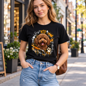 L&auml;chelnde Frau in einem schwarzen T-Shirt mit buntem Pudel-Print und blauen Jeans auf einer Stra&szlig;e