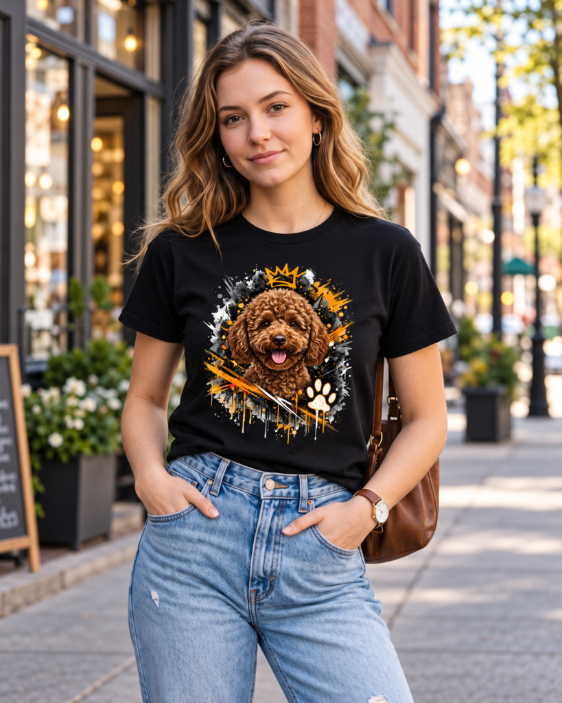 Lächelnde Frau in einem schwarzen T-Shirt mit buntem Pudel-Print und blauen Jeans auf einer Straße